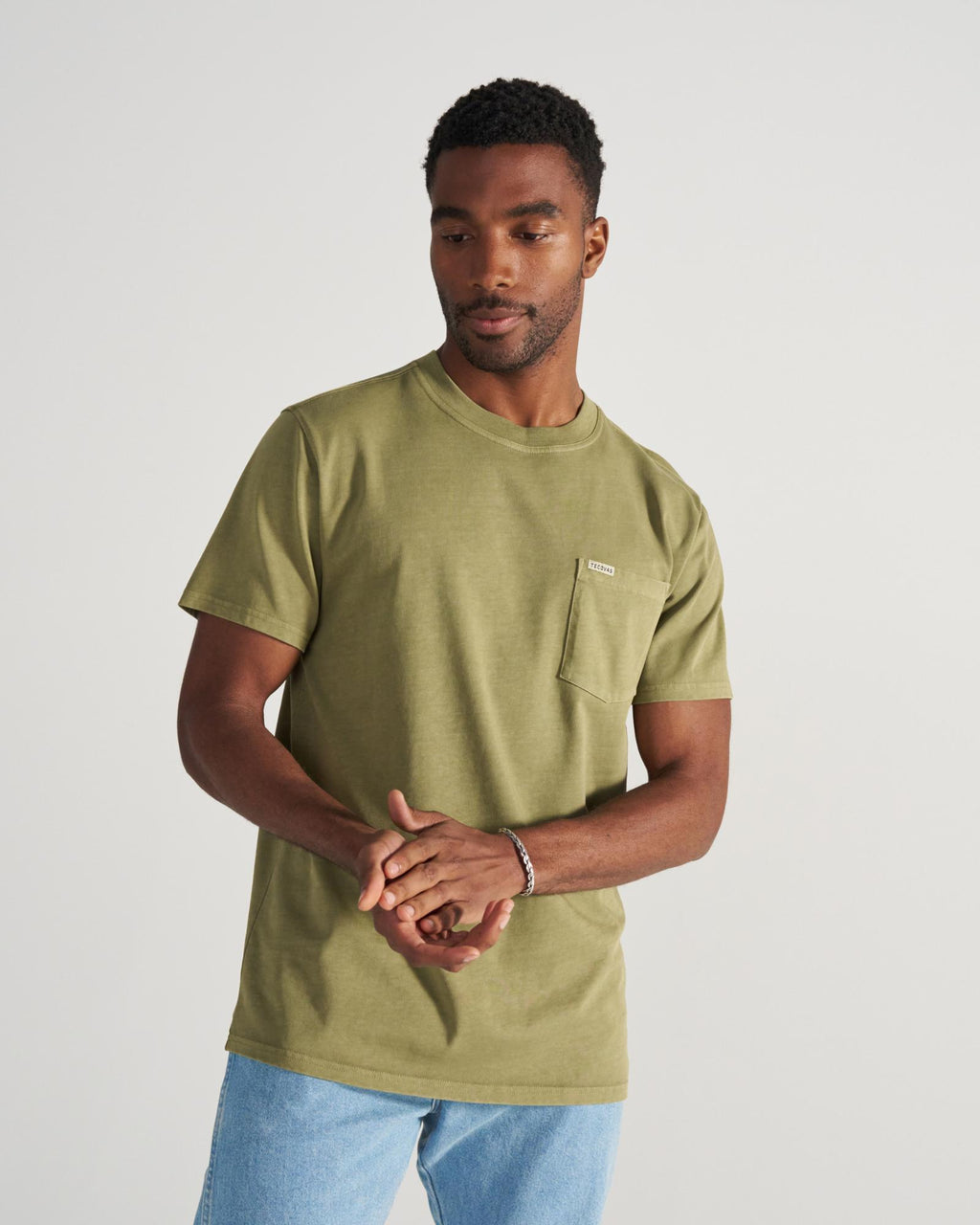 Closeup detail view of Men's Standard Issue Pocket T-Shirt - Washed Sage