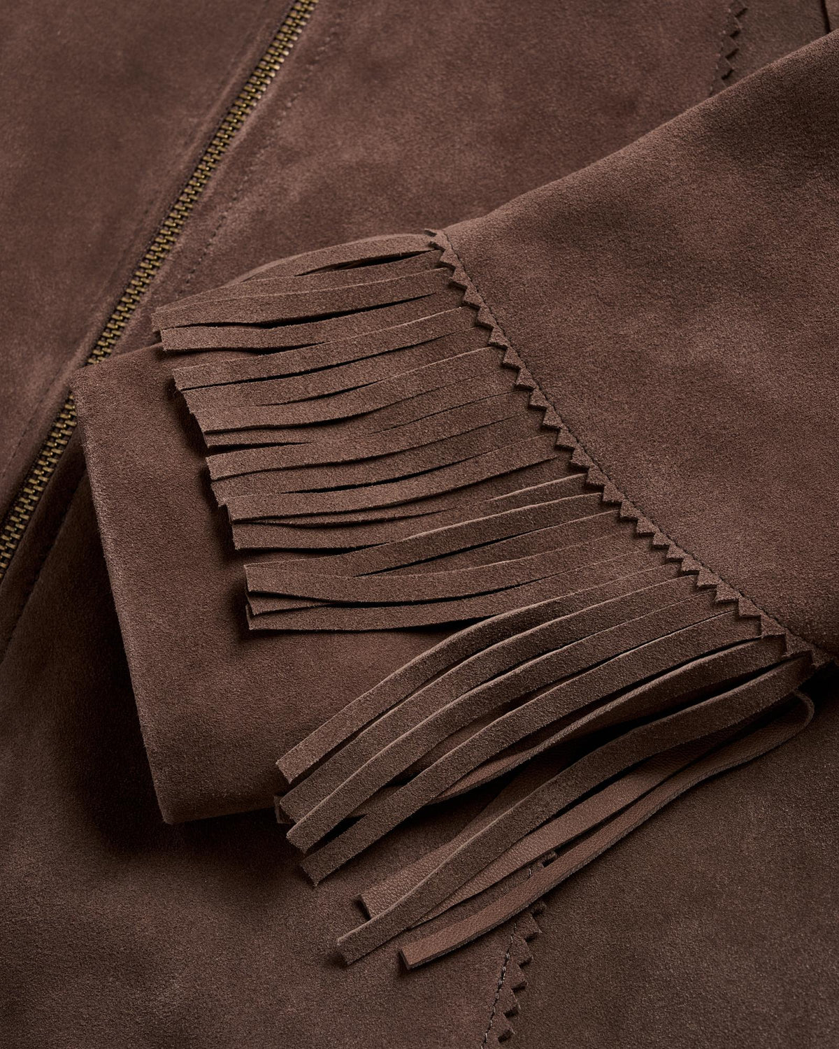 Closeup detail view of Women's Suede Fringe Jacket - Chocolate Brown