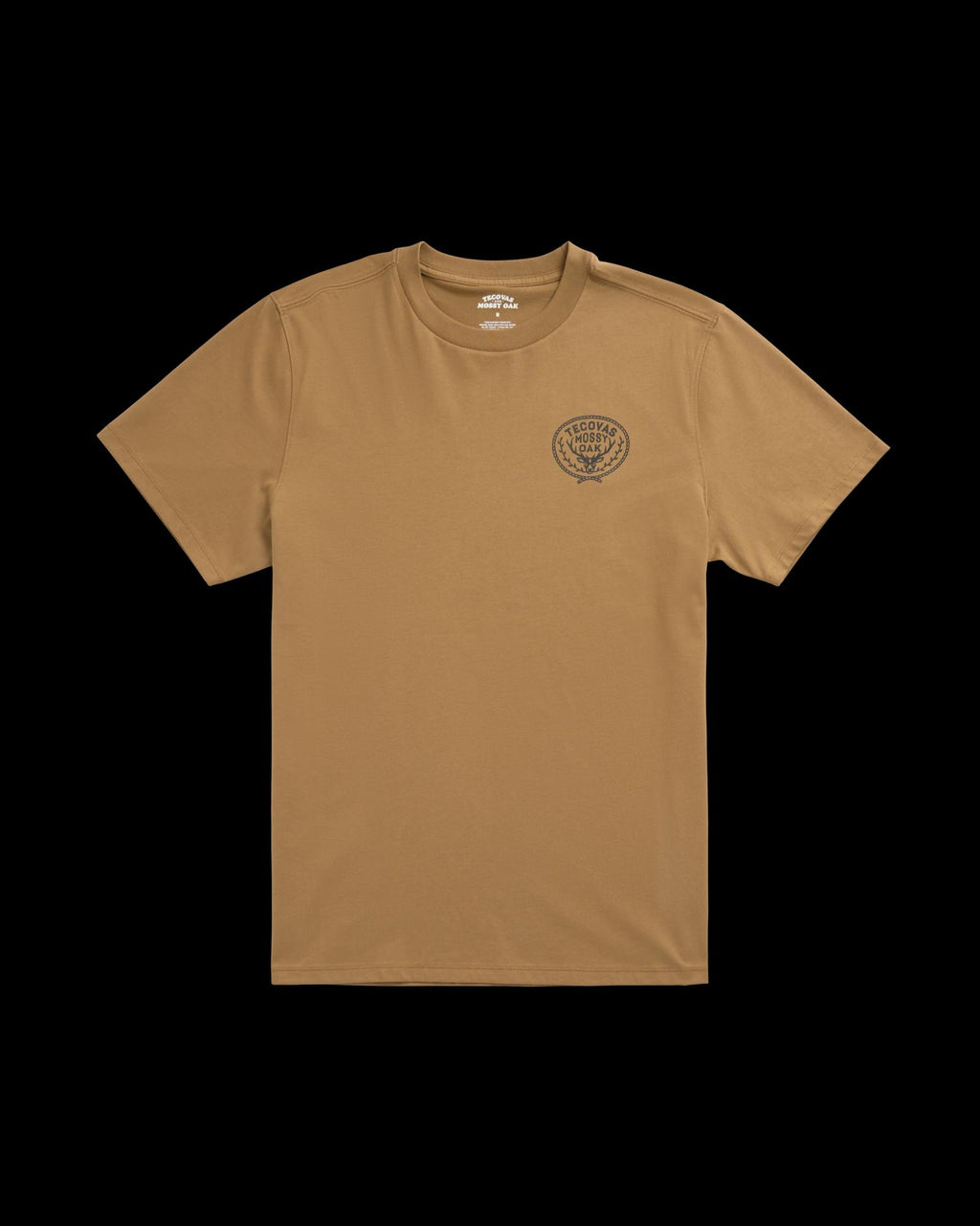 Front view of Men's Tecovas x Mossy Oak Cowboys & Deer T-Shirt - Olivewood on plain background