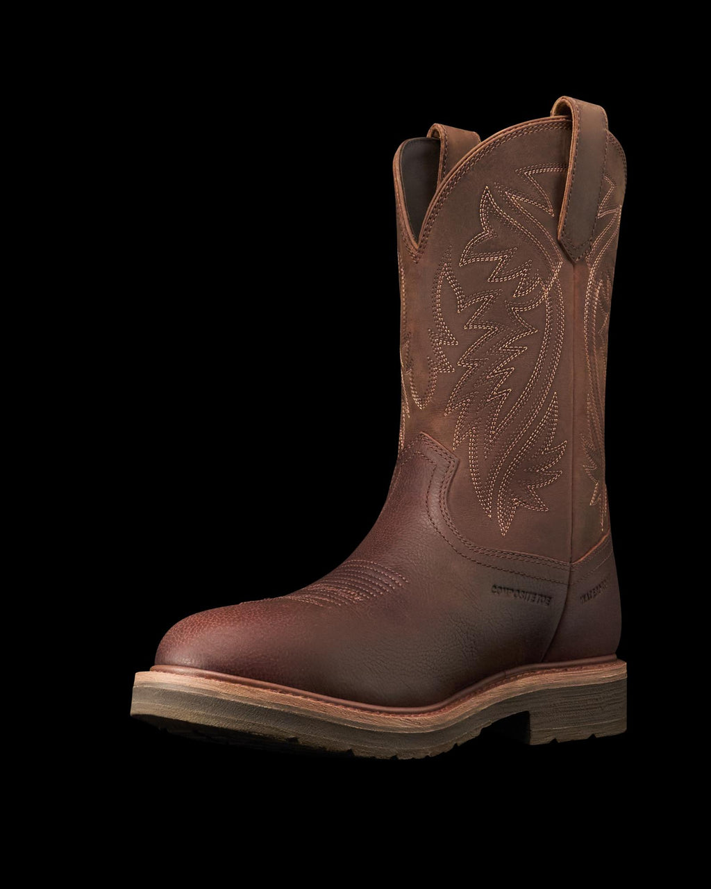 Quarterfront view of The LH WP Round Comp Toe Work Boot - Tobacco Cowhide on plain background