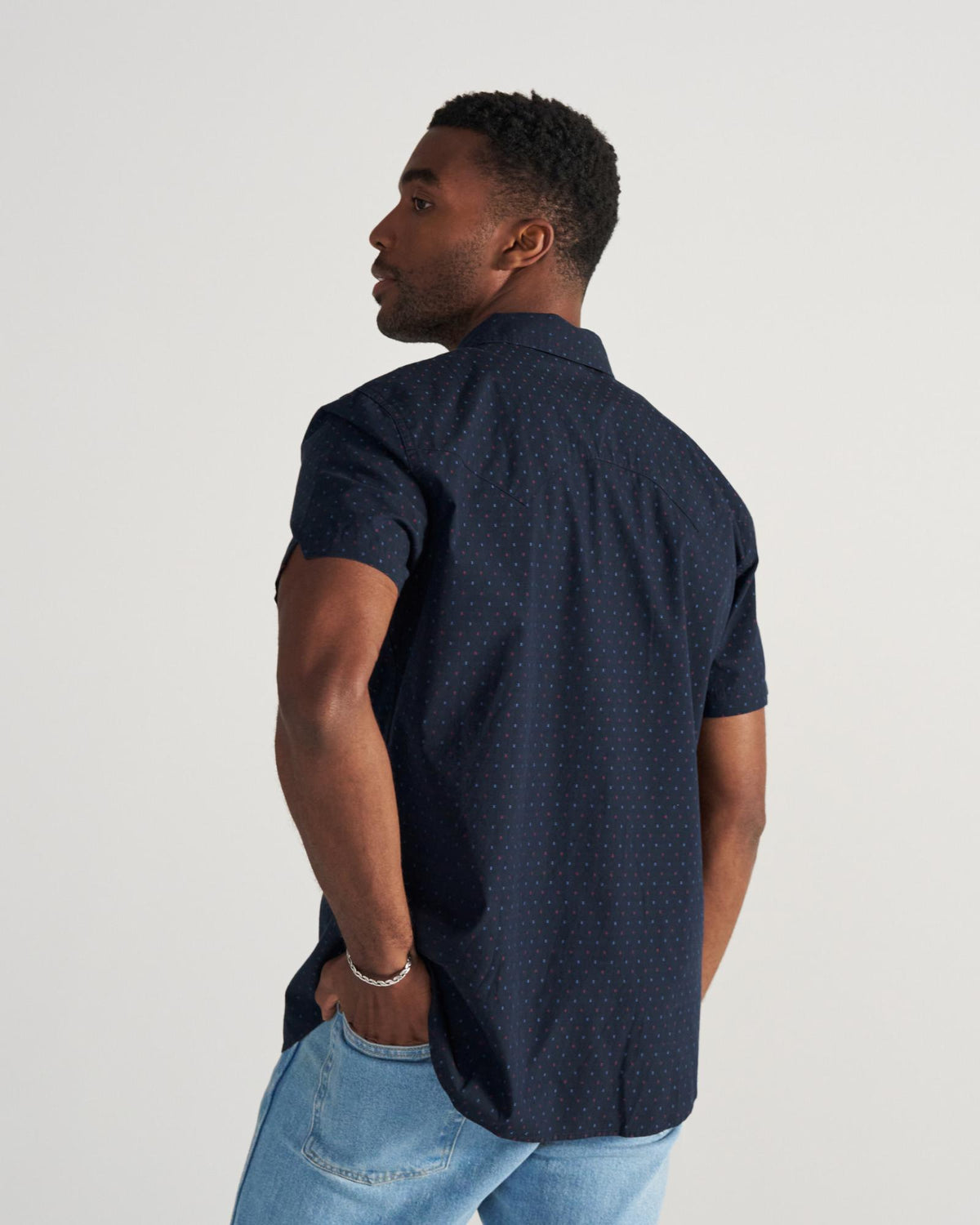 Closeup detail view of Men's Star Stitch Pearl Snap - Navy