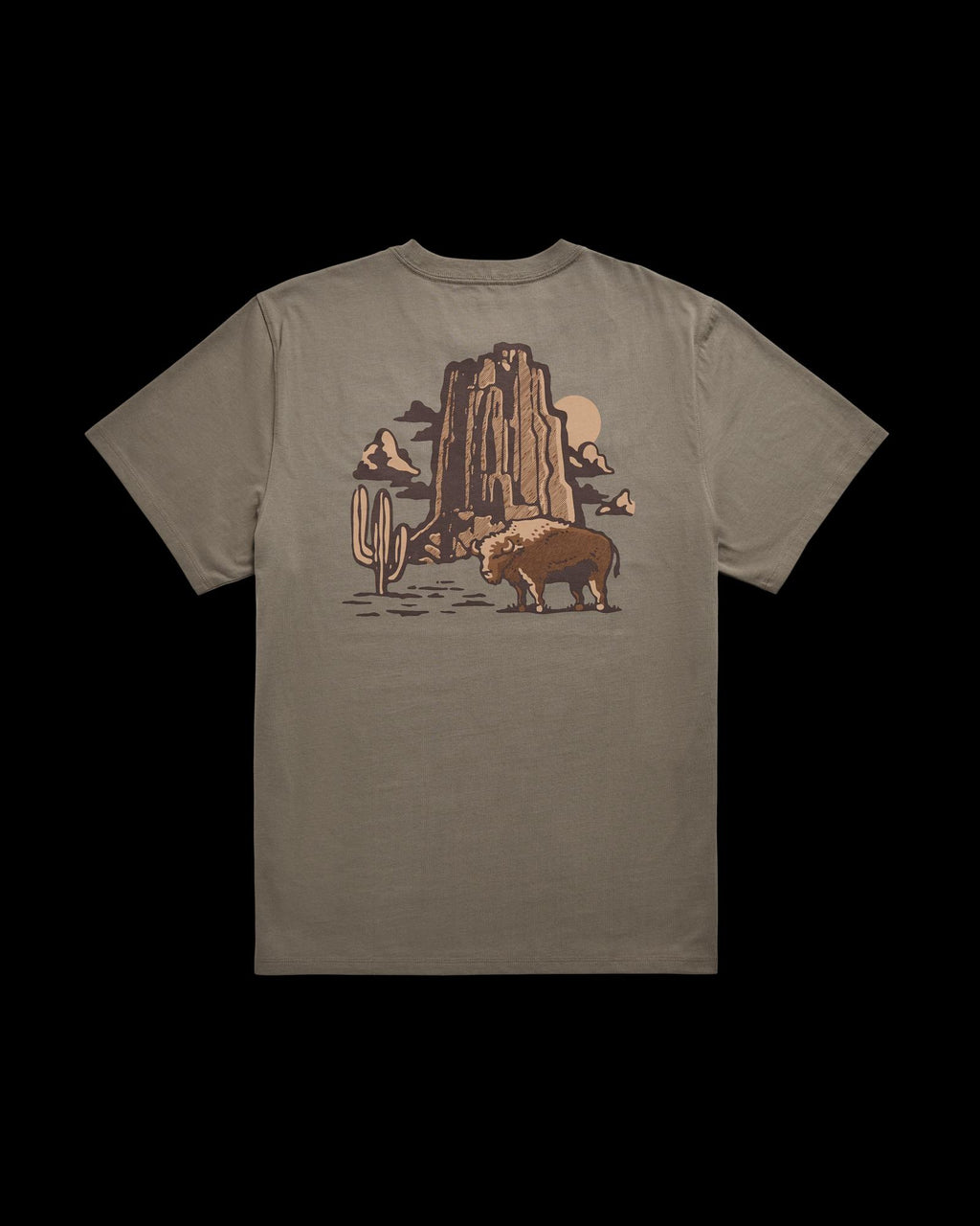Back view of Men's Bison Landscape T-Shirt - Smokey Olive on plain background