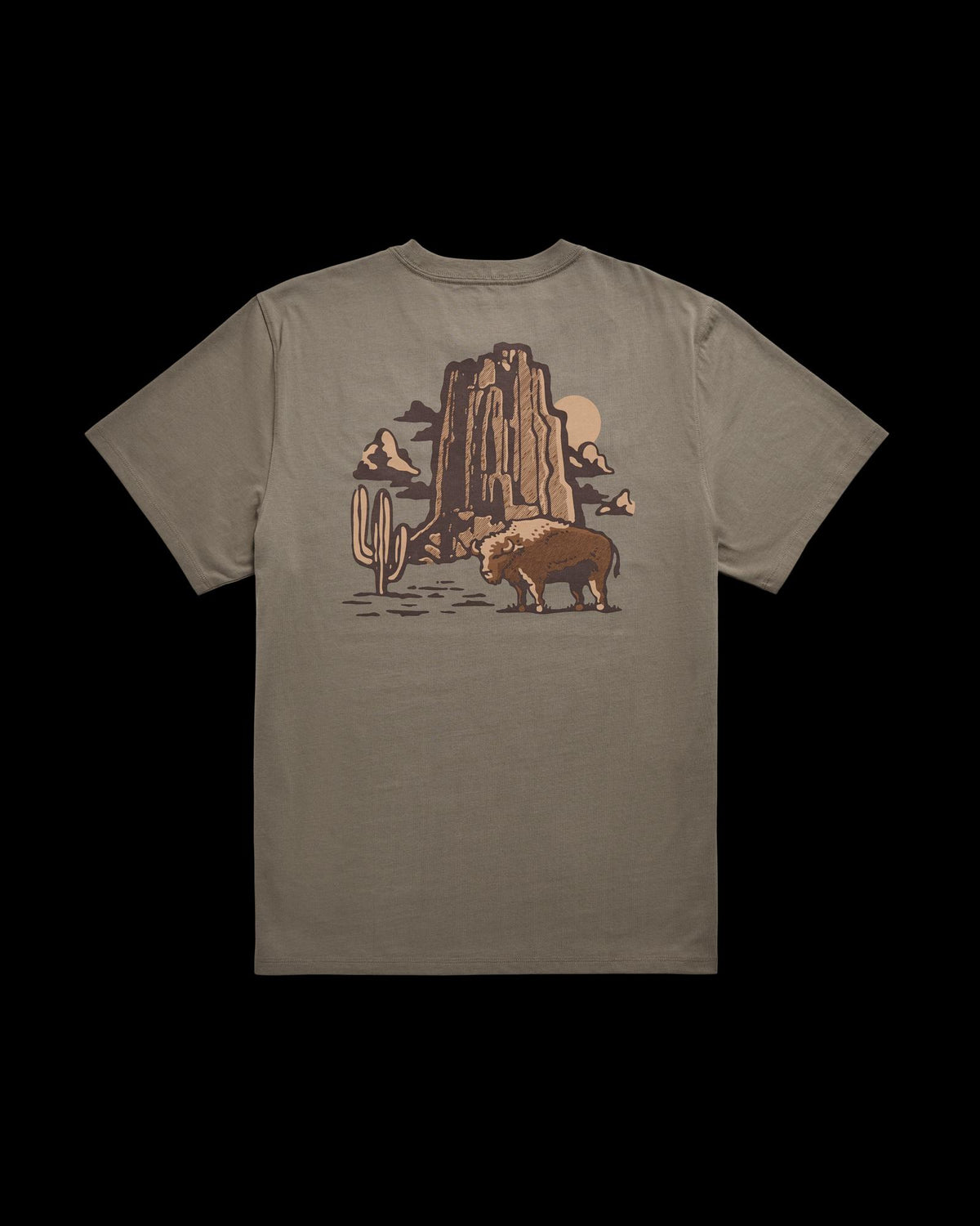 Back view of Men's Bison Landscape T-Shirt - Smokey Olive on plain background