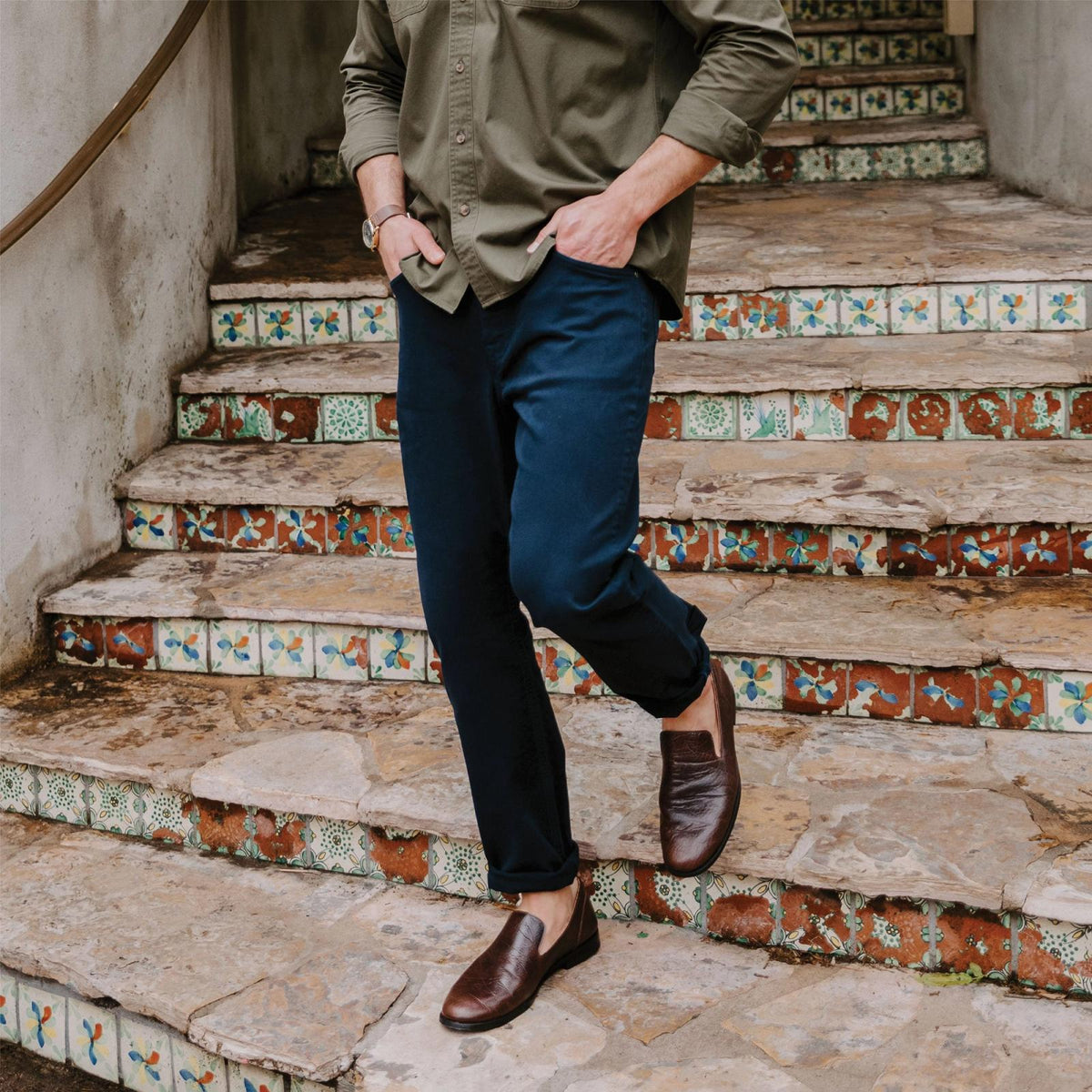Man wearing the Hickory Monterrey slip on shoes