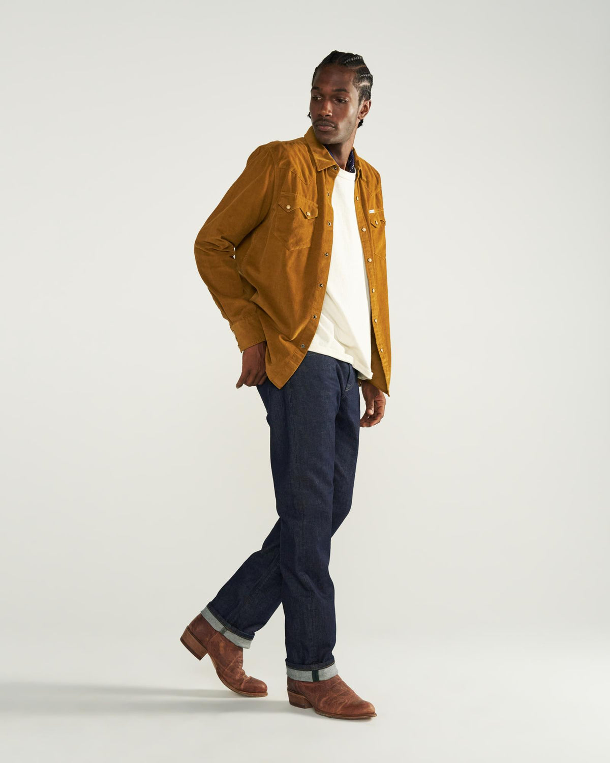 Closeup detail view of Men's Texas Weight Corduroy Pearl Snap - Bronze