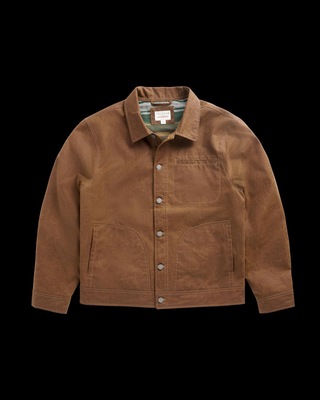 Brown waxed canvas jacket with a chest pocket, side pockets, and a striped interior lining.