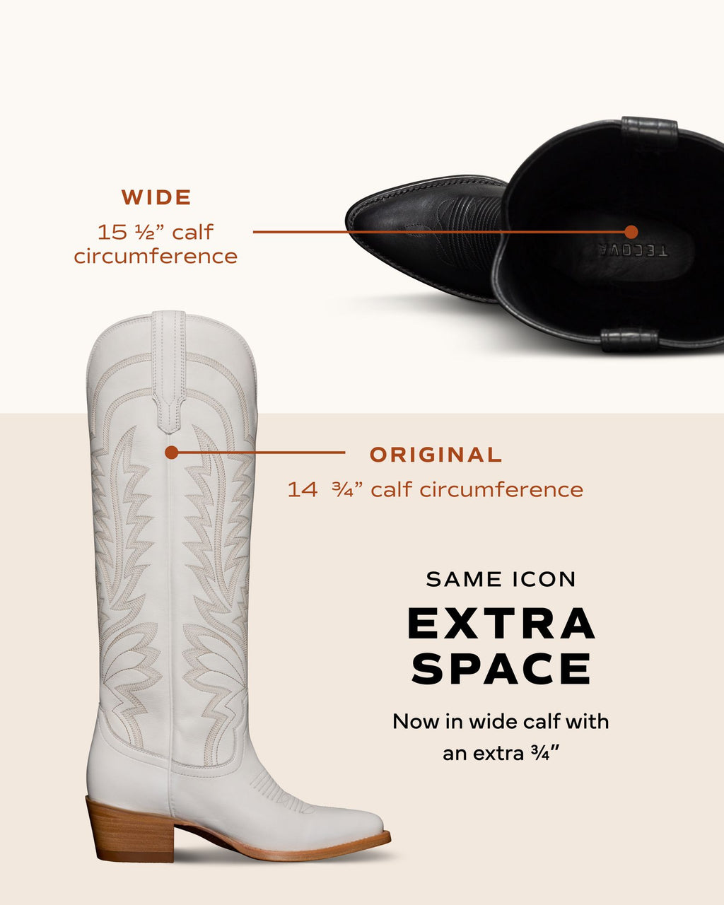 Image comparing two white cowboy boots: the original with a 14 ¾” calf circumference and a wide version with a 15 ½” calf circumference, both shown from side and top views.