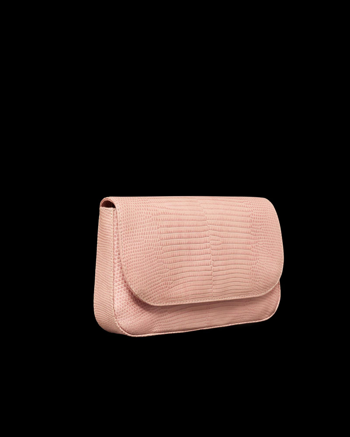 A small, light pink textured clutch purse with a flap closure, shown against a plain white background.
