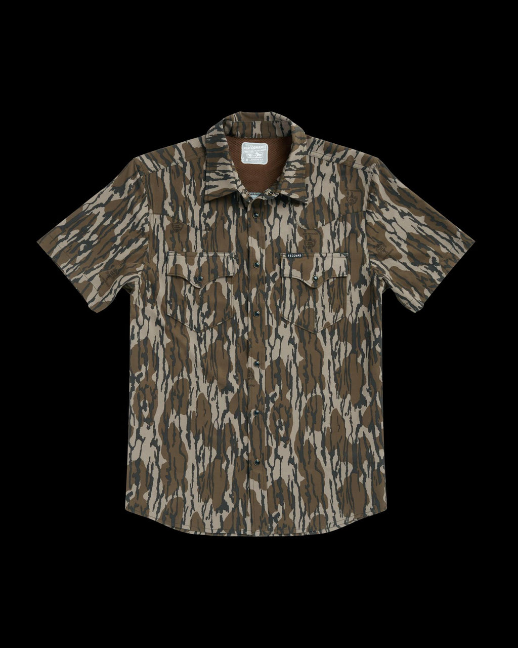 Front view of Men's Tecovas x Mossy Oak Performance Western Short Sleeve - Original Bottomland on plain background