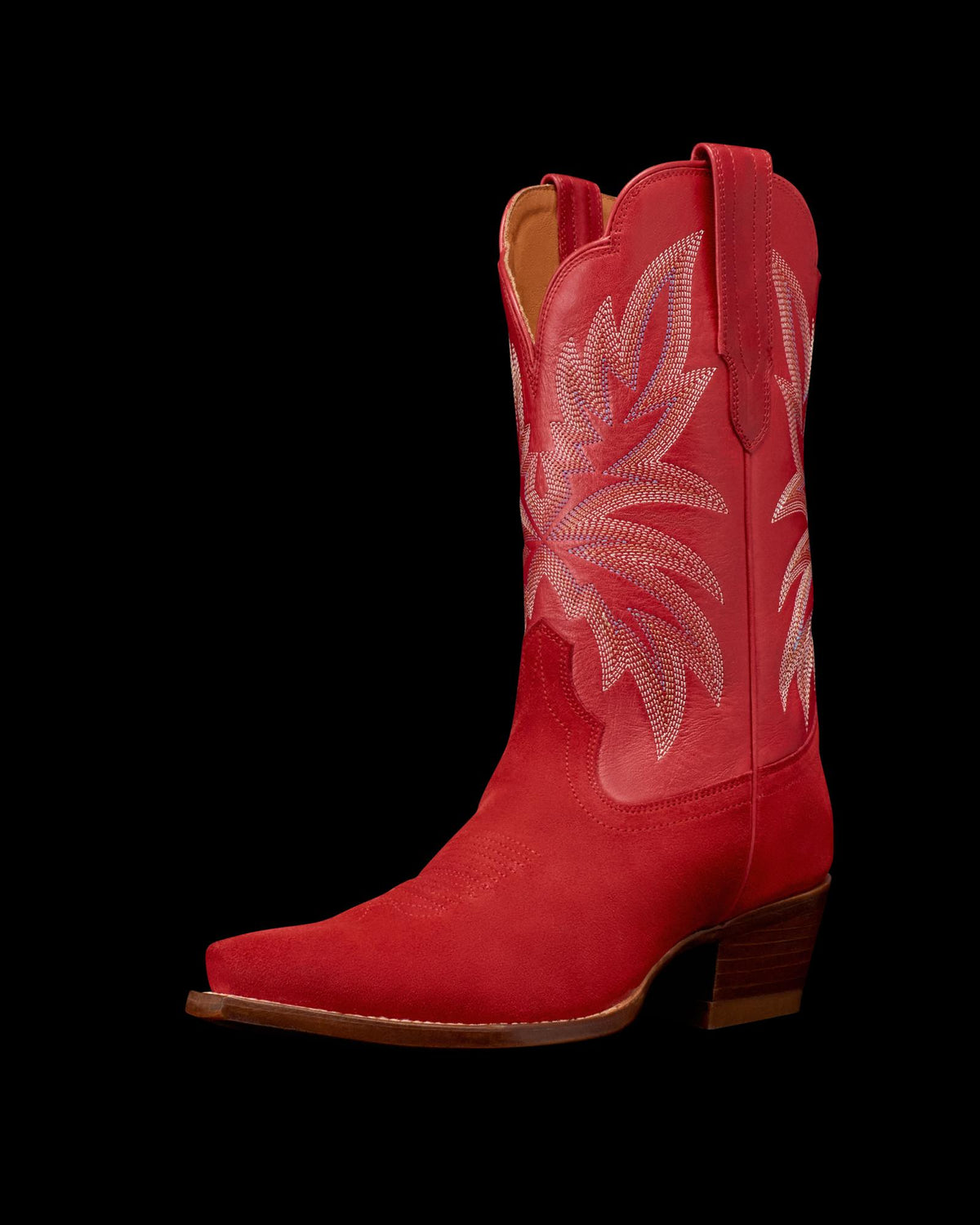 Quarterfront view of The Sadie - Barn Red Suede on plain background