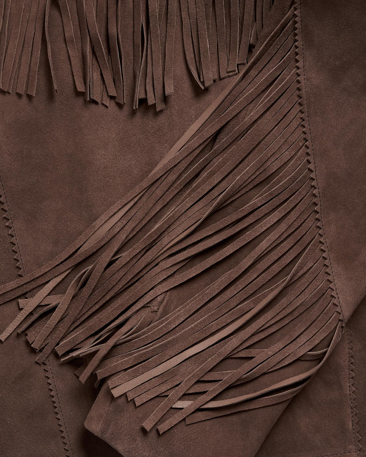 Closeup detail view of Women's Suede Fringe Jacket - Chocolate Brown
