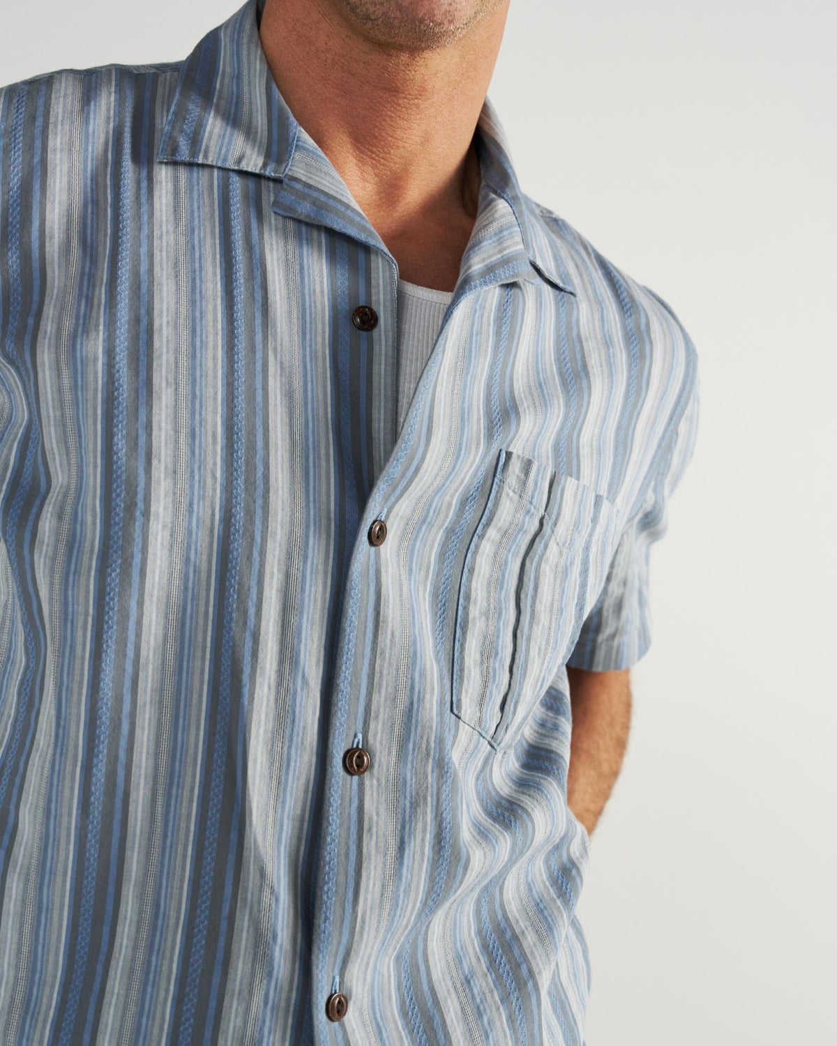 Closeup detail view of Men's Dobby Camp Shirt - Atlantic/Chambray