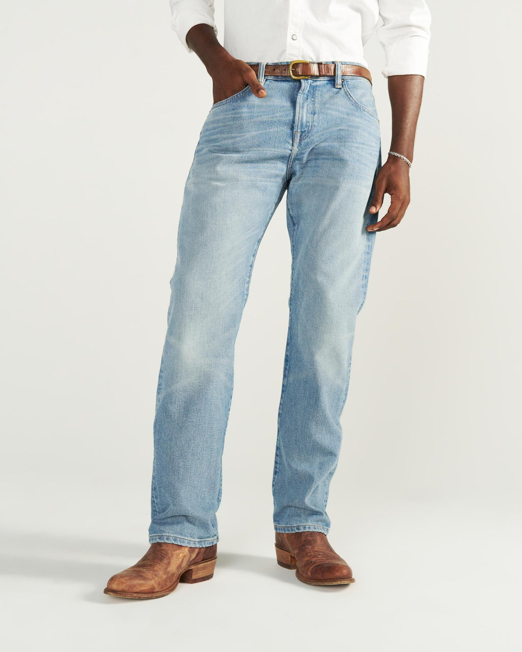 Front view of Men's Straight Crafted Denim - Light Wash on model