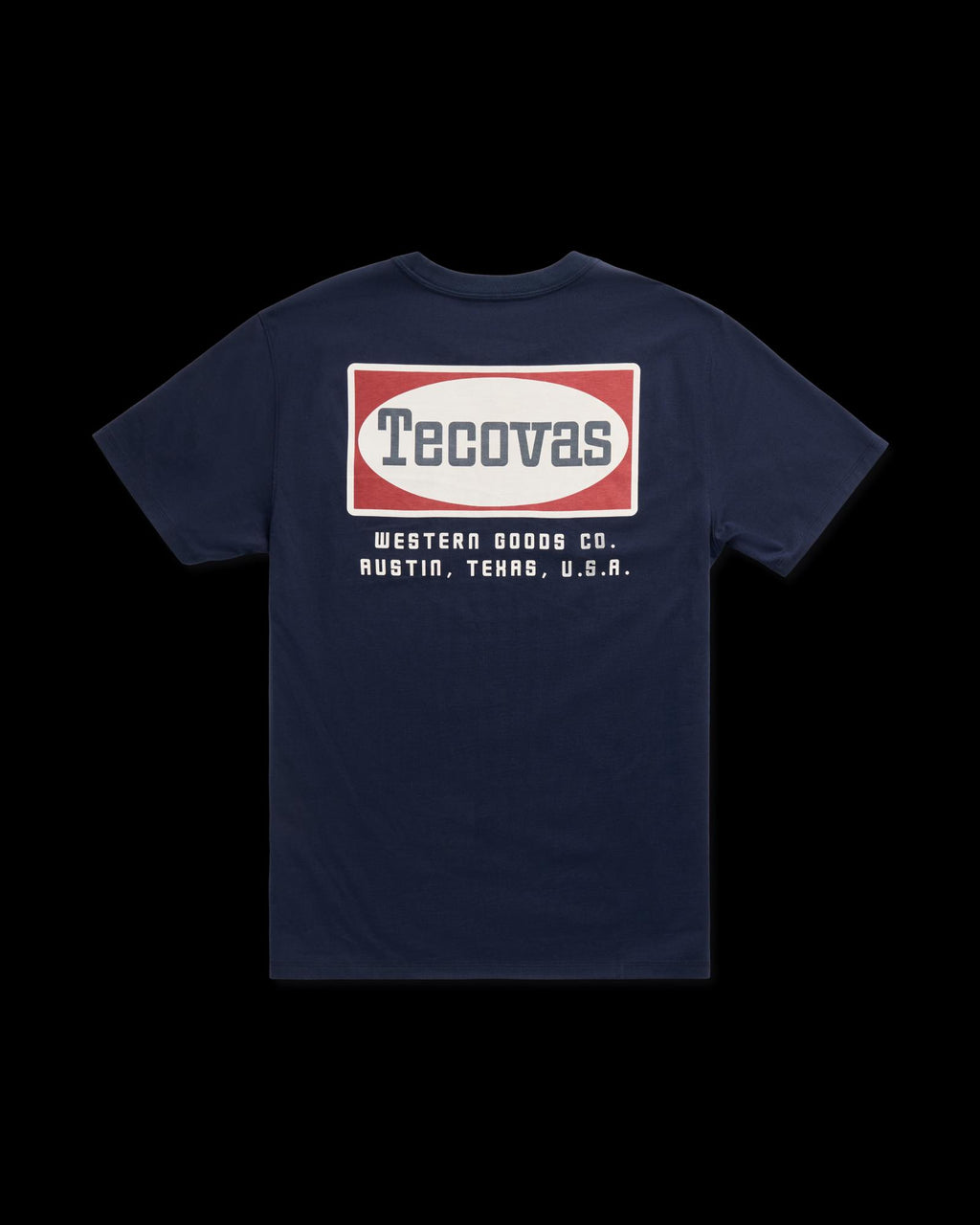 Closeup detail view of Men's Oval Tecovas Pocket T-Shirt - Navy/Red