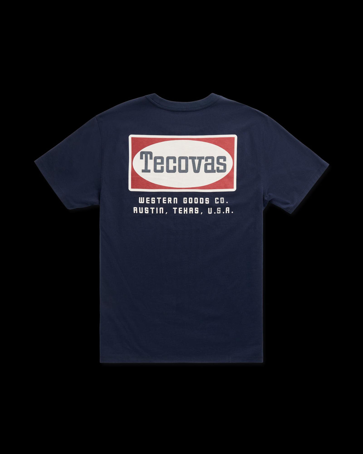 Closeup detail view of Men's Oval Tecovas Pocket T-Shirt - Navy/Red