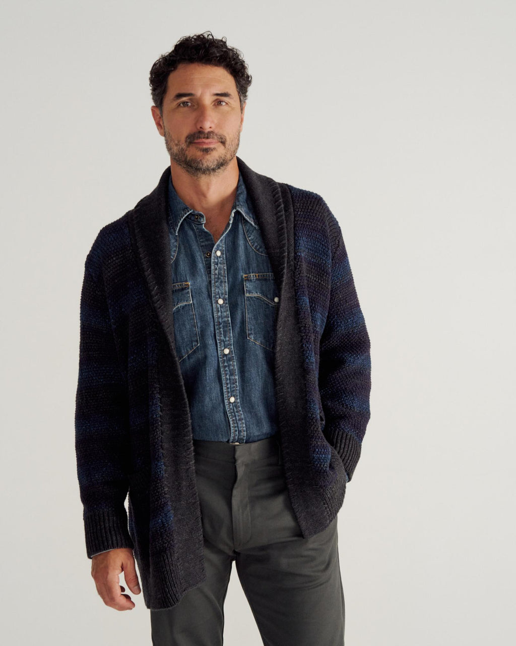 Closeup detail view of Men's Shawl Collar Wrap Sweater - Multi