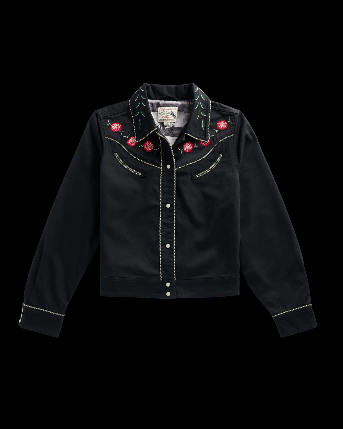 Front view of Women's Embroidered Dolly Jacket - Black on plain background