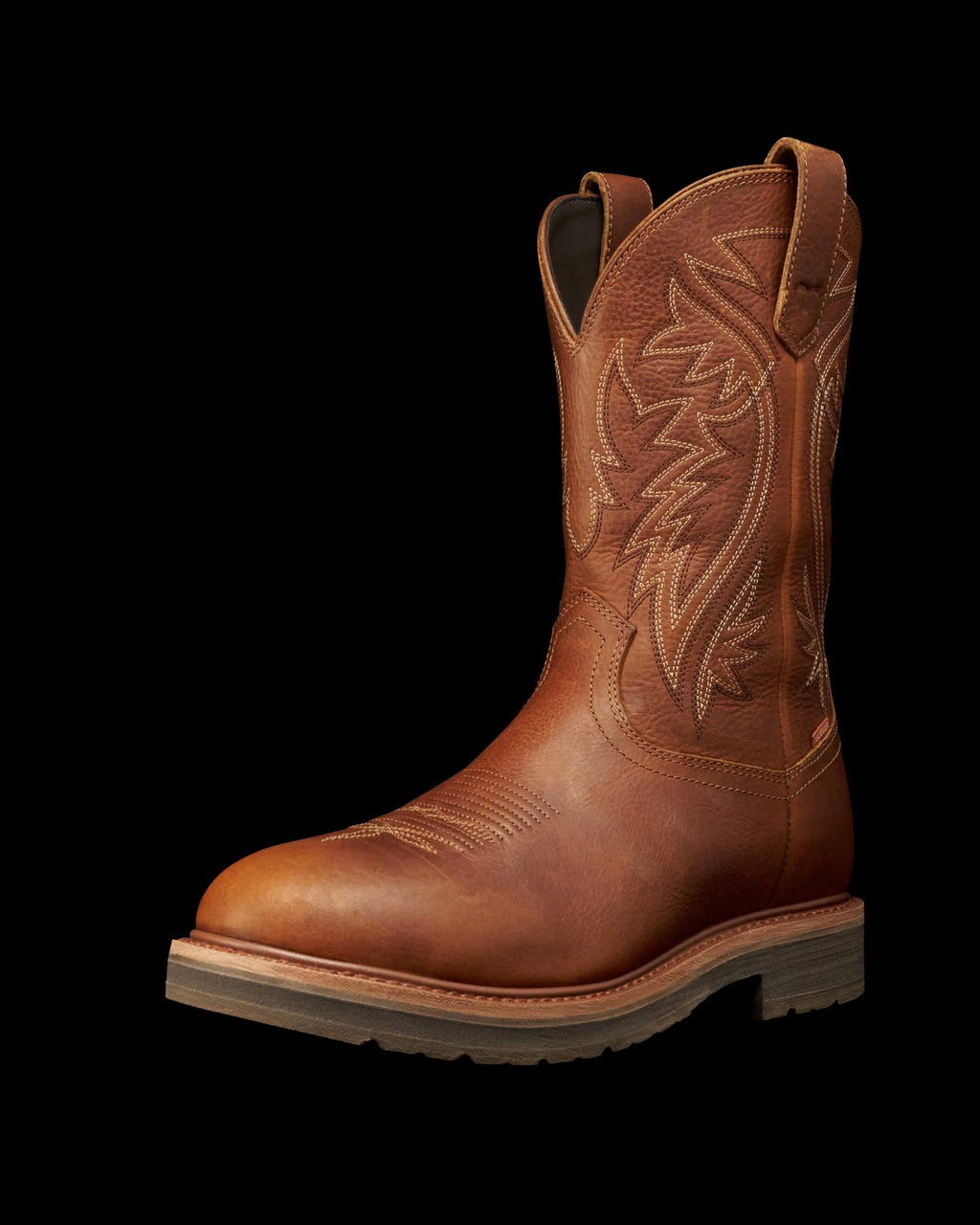 Quarterfront view of The LH WP Round Comp Toe Work Boot - Saddle Cowhide on plain background