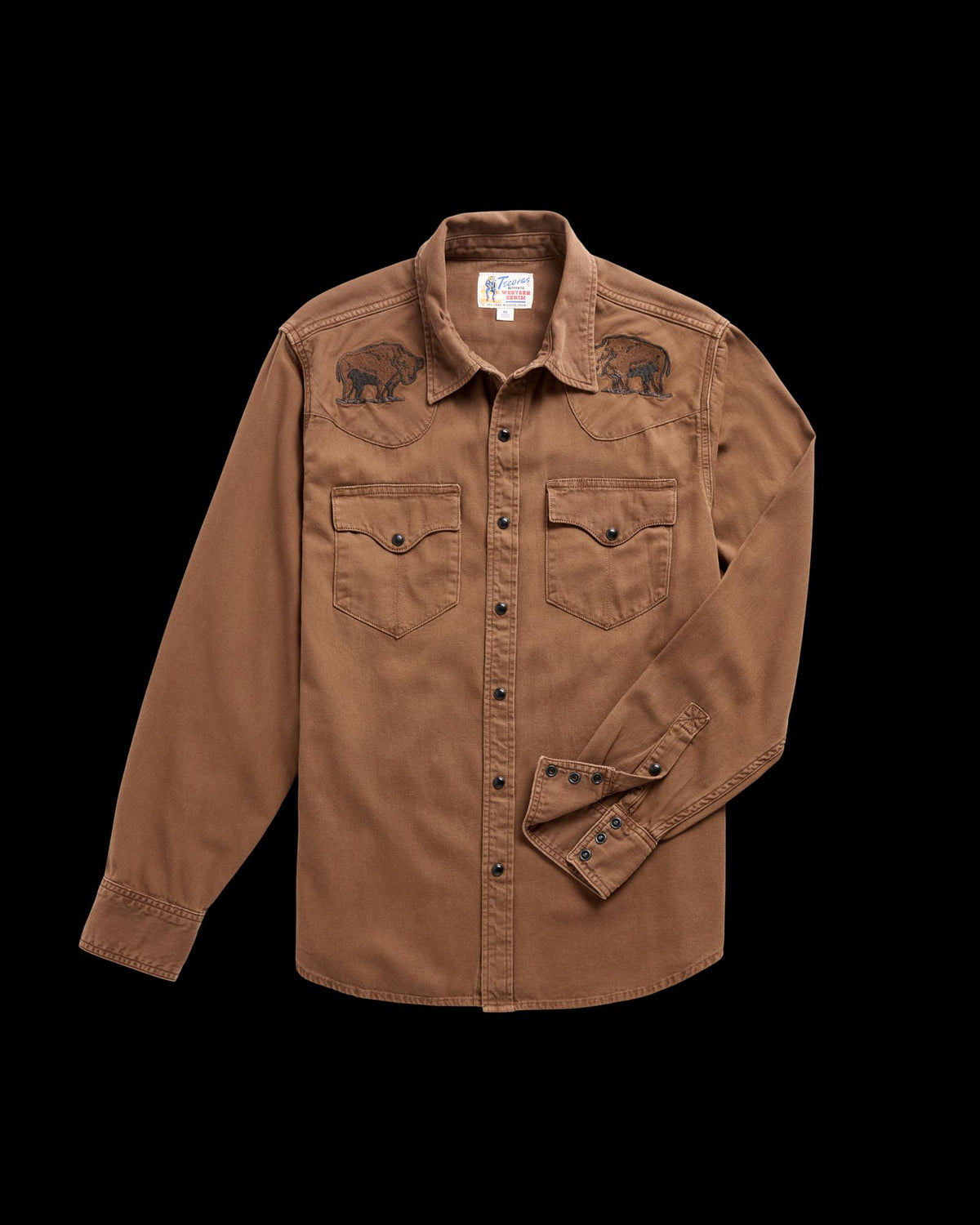 Closeup detail view of Men's Denim Pearl Snap - Tobacco