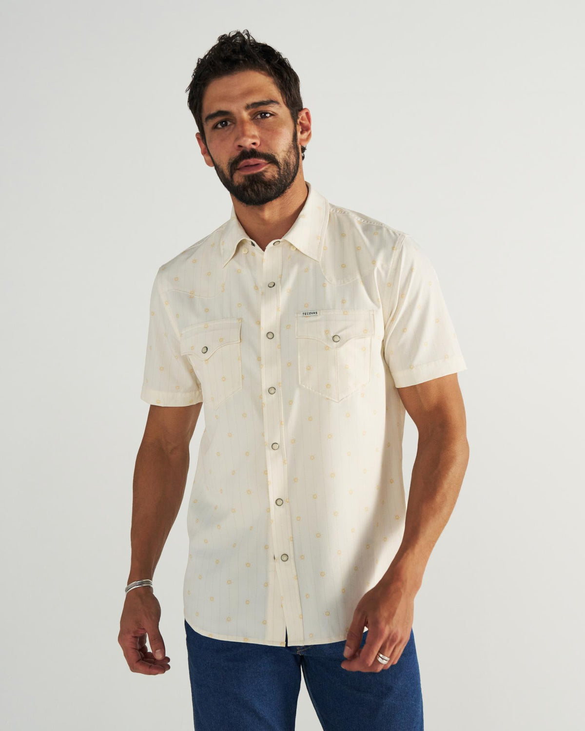 Closeup detail view of Men's Performance Western Short Sleeve Pearl Snap - Light Sand/Multi