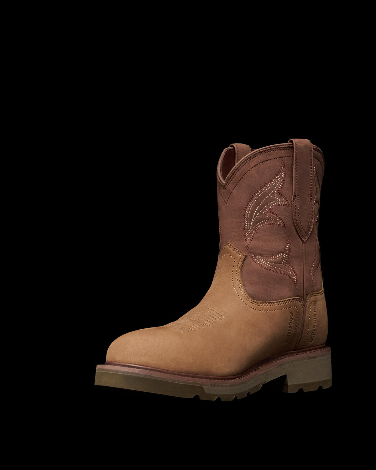 Quarterfront view of The LH WP Round Comp Toe Work Boot - Tan / Cafe Cowhide on plain background