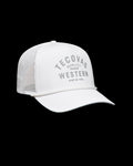 Quarterfront view of Quality Made Performance Trucker - White on plain background