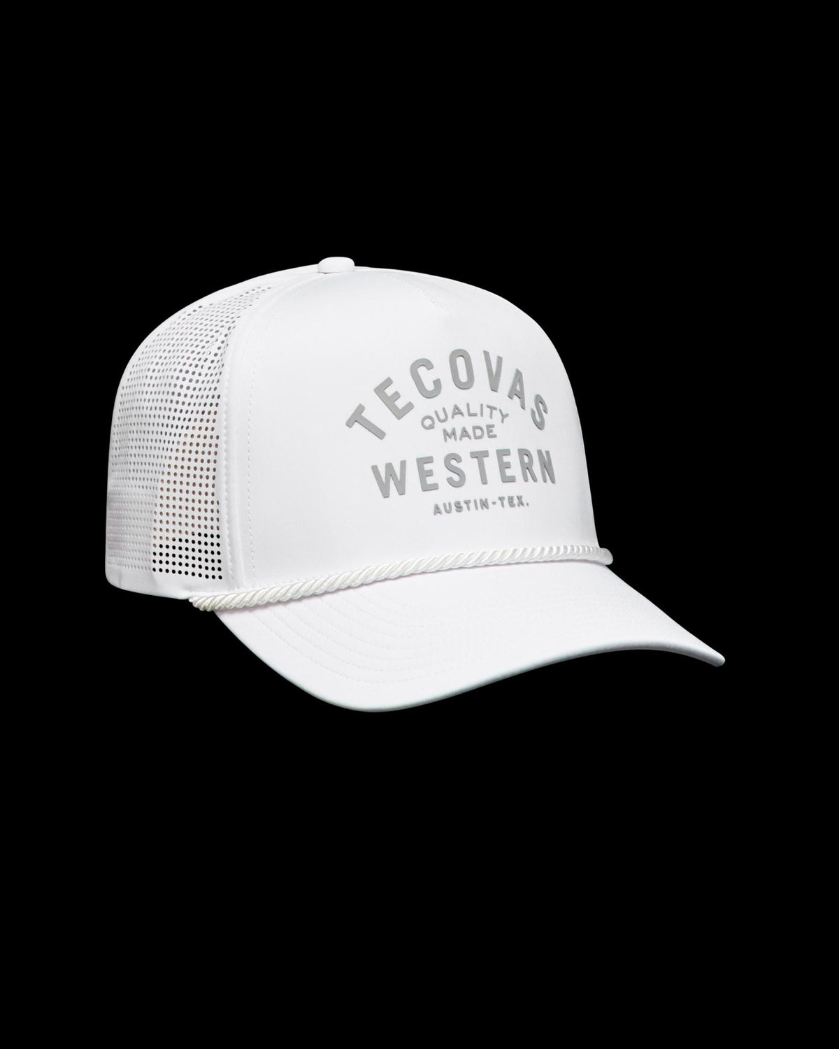 Quarterfront view of Quality Made Performance Trucker - White on plain background