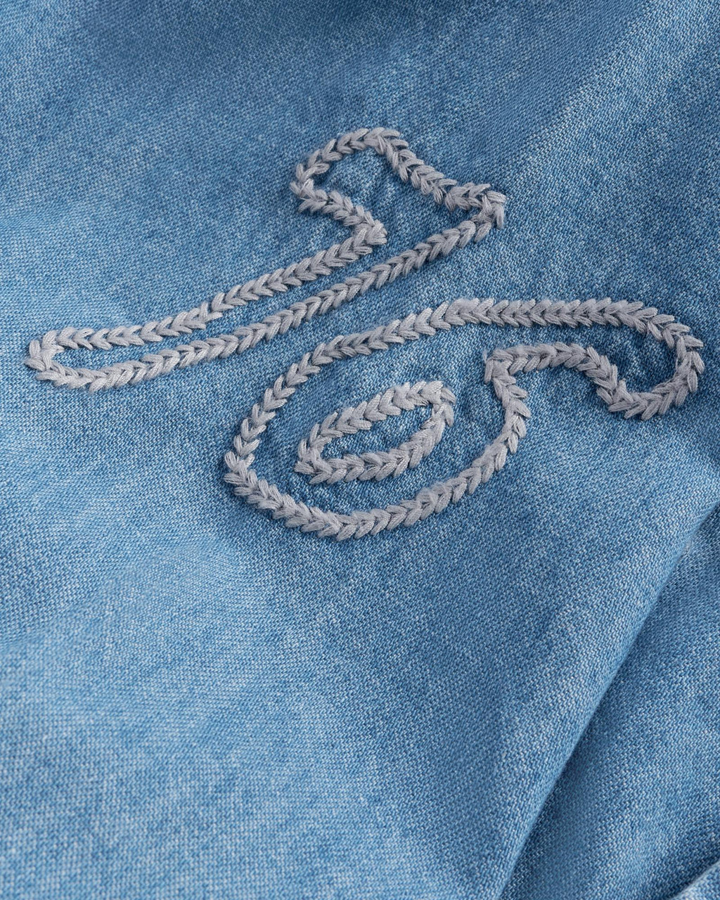 Closeup detail view of Men's Denim Pearl Snap LS - Turquoise / Multi