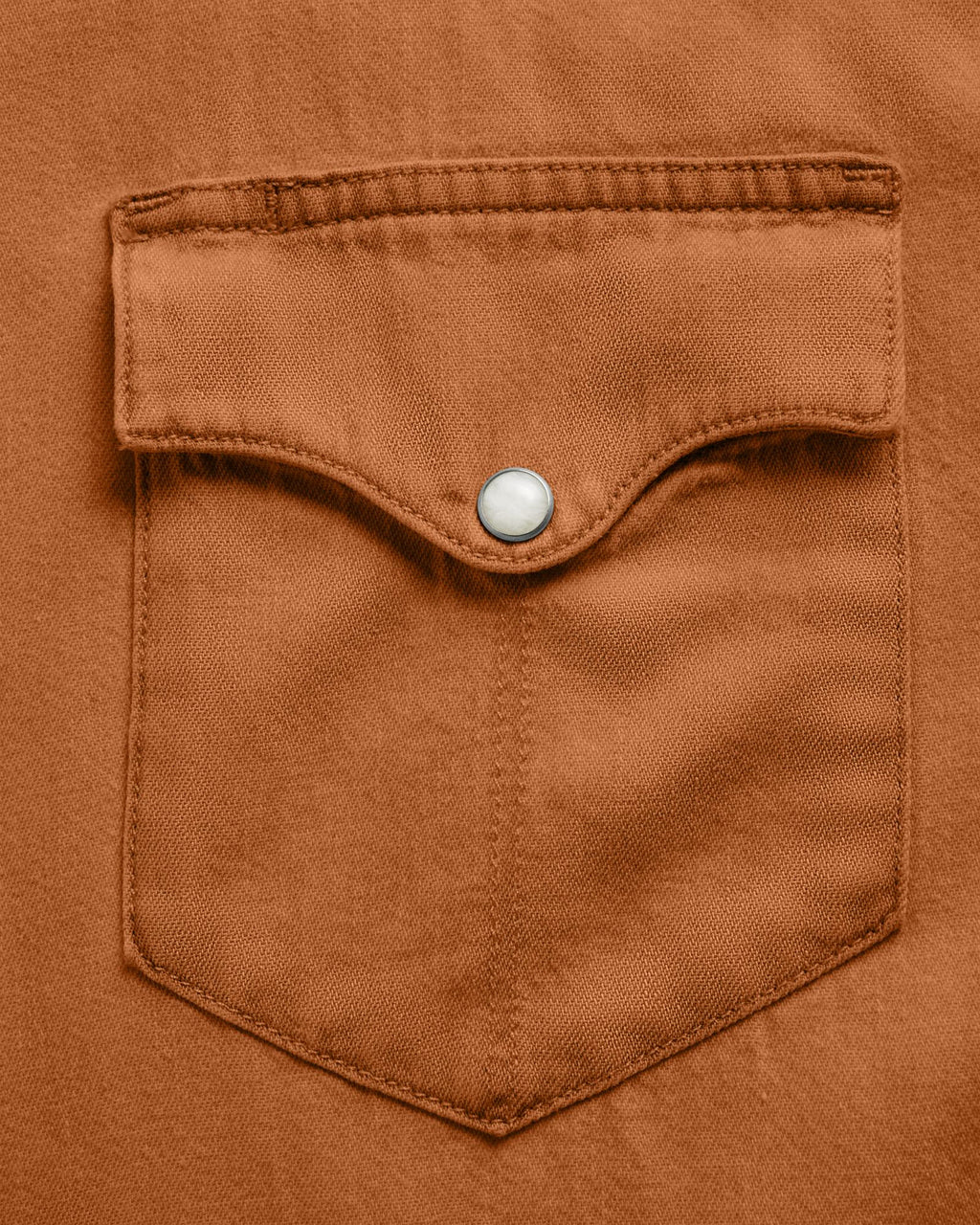 Closeup detail view of Men's Denim Long Sleeve Pearl Snap - Rust