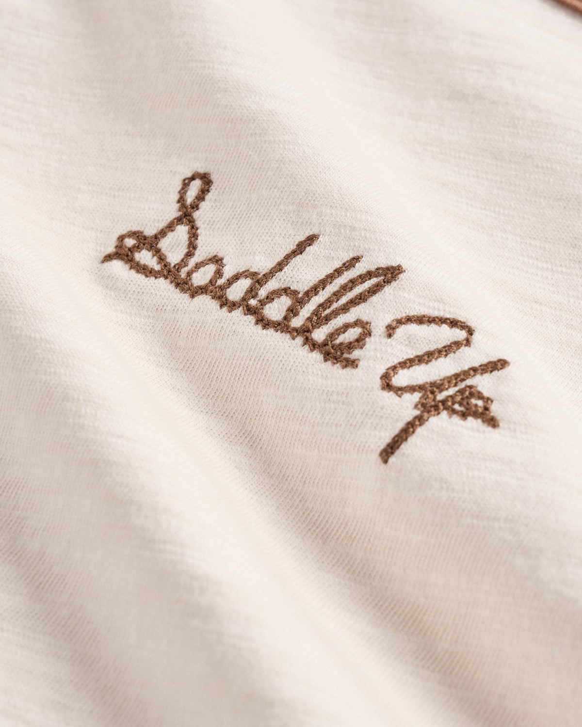 Closeup view of Women's Vintage Ringer Tee - Cream/Tan