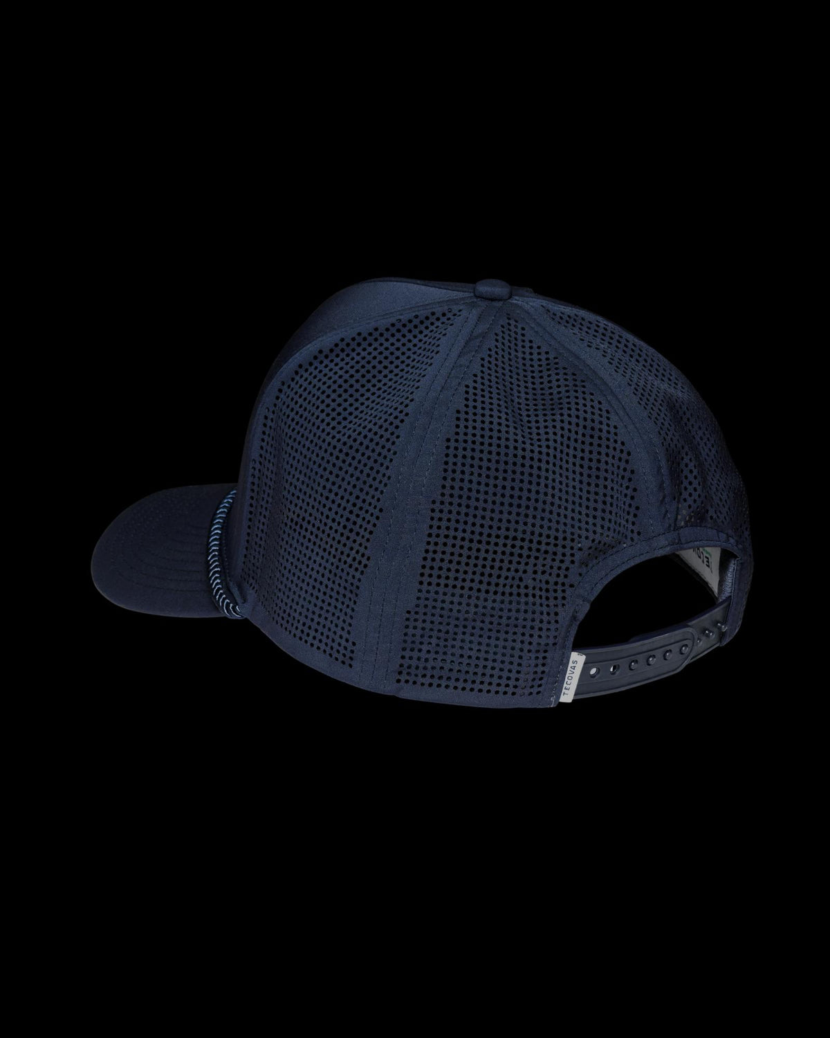Navy blue mesh-back trucker hat shown from the rear, featuring an adjustable plastic snap closure and curved brim.
