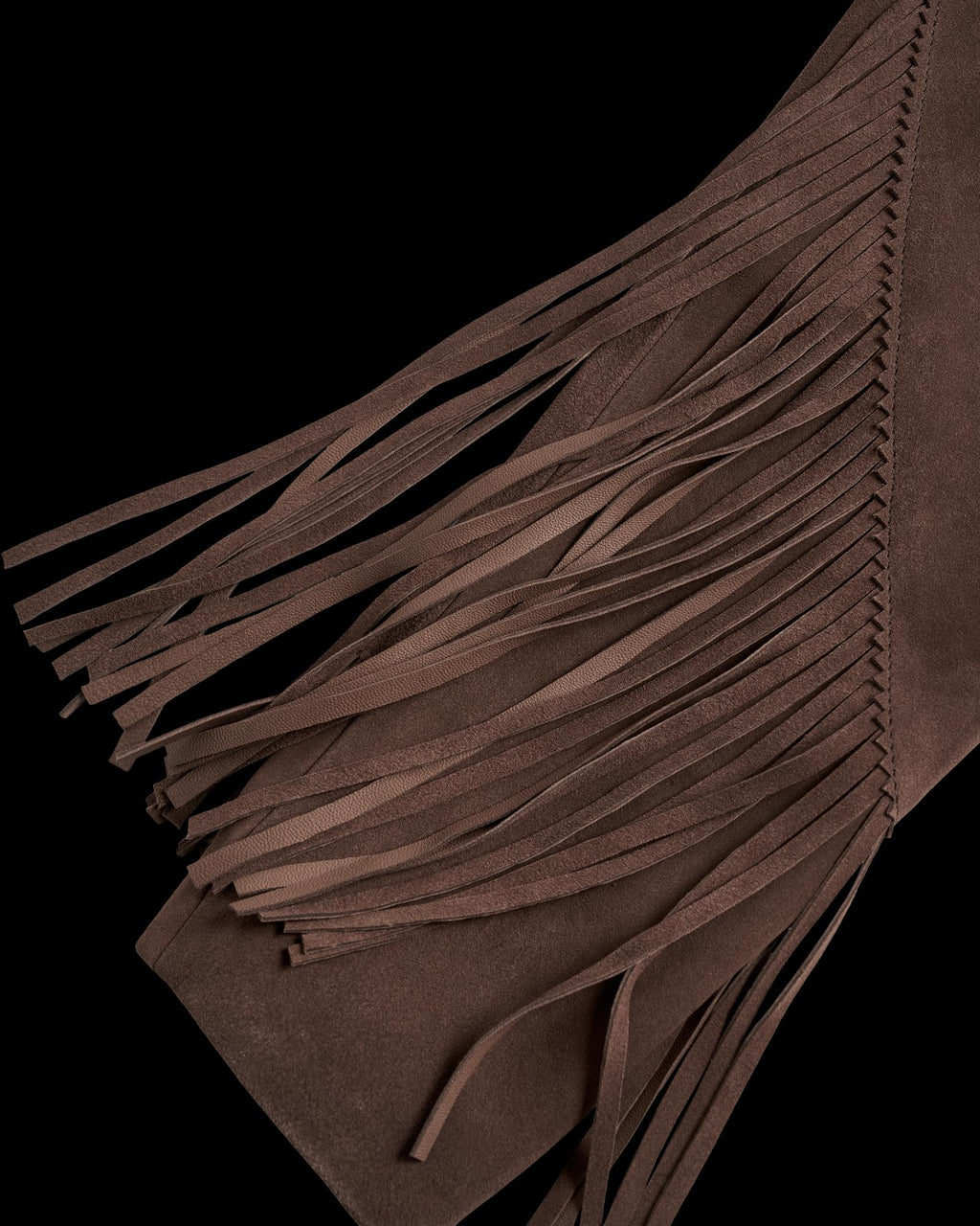 Closeup detail view of Women's Suede Fringe Jacket - Chocolate Brown