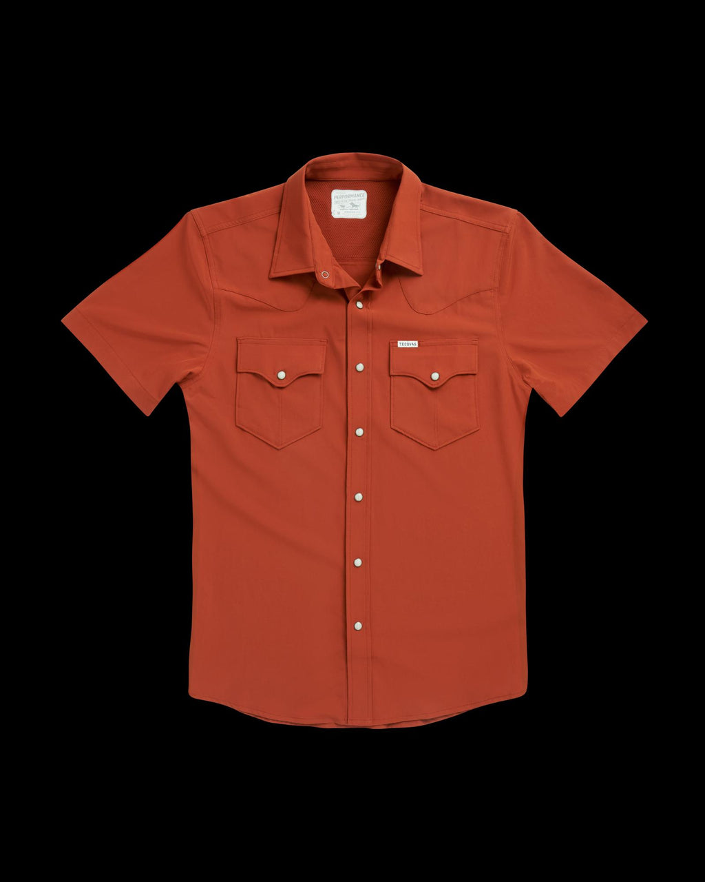 Closeup detail view of Men's Performance Western Pearl Snap SS - Orange Rust