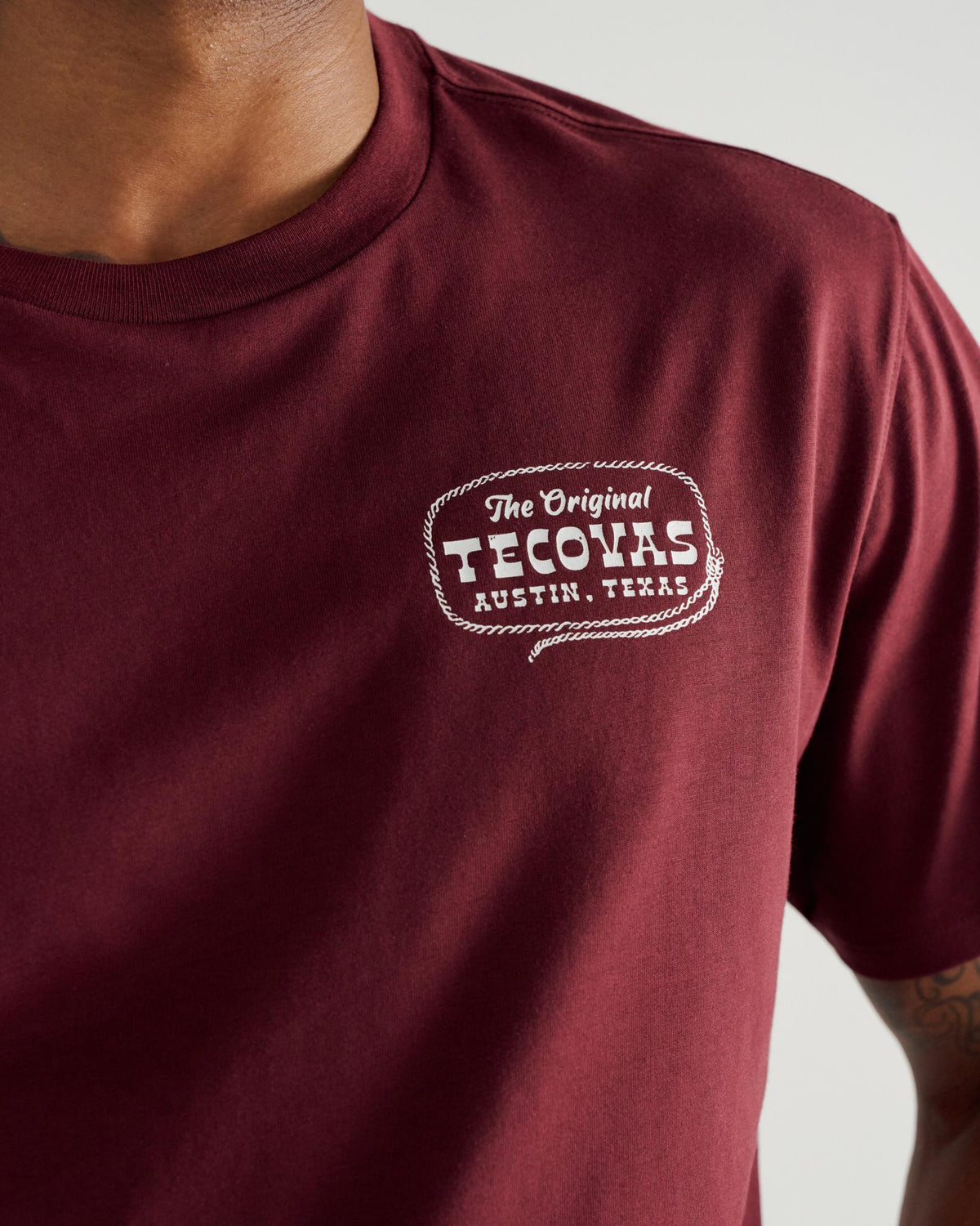 Closeup detail view of Men's Original Tecovas Rope Tee - Port / Bone