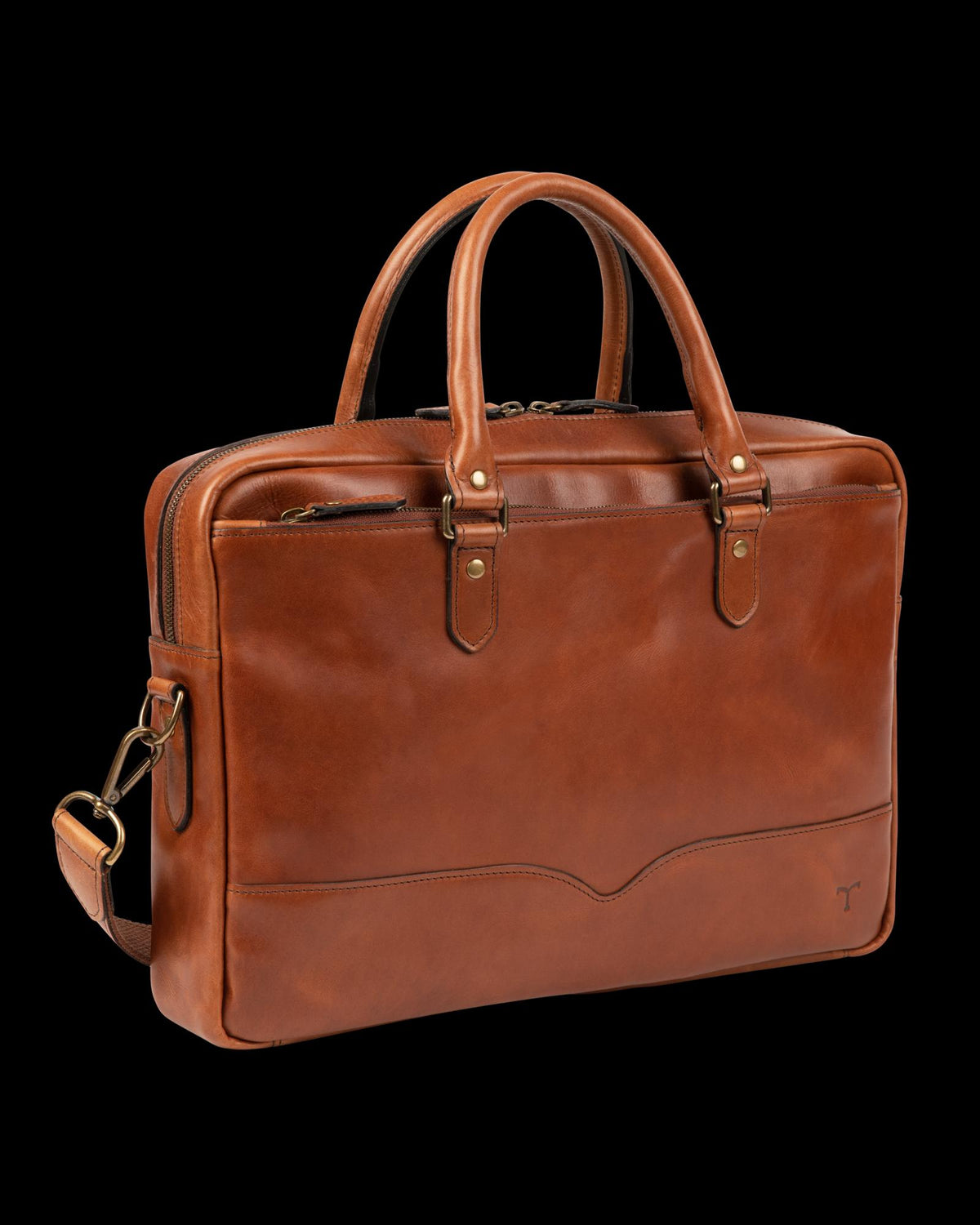 Quarterfront view of the Bartlett Slim Briefcase in Cognac
