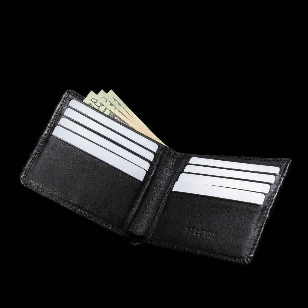 Inside view of Ostrich Billfold - Midnight on plain background