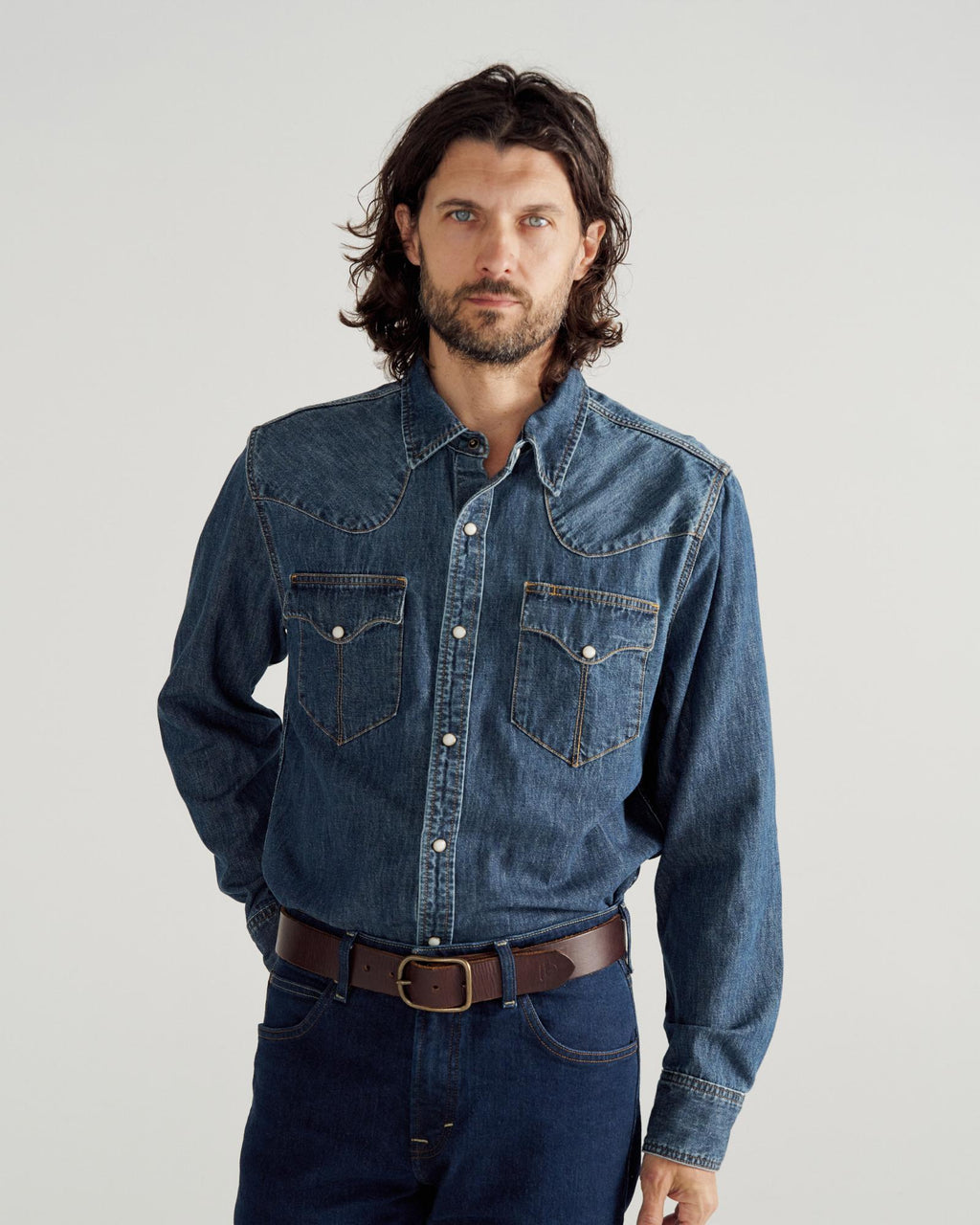 Closeup detail view of Men's Long Sleeve Denim Pearl Snap - Dark Wash