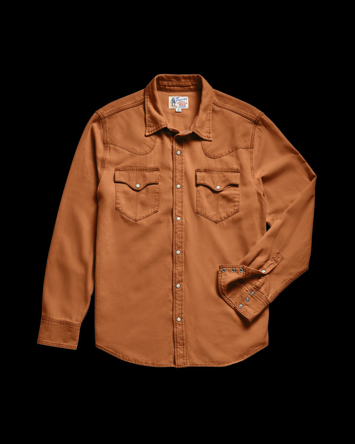 Closeup detail view of Men's Denim Long Sleeve Pearl Snap - Rust