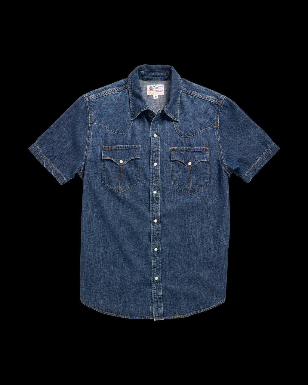 Closeup detail view of Men's Denim Short Sleeve Pearl Snap - Dark Wash