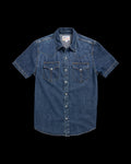 Closeup detail view of Men's Denim Short Sleeve Pearl Snap - Dark Wash