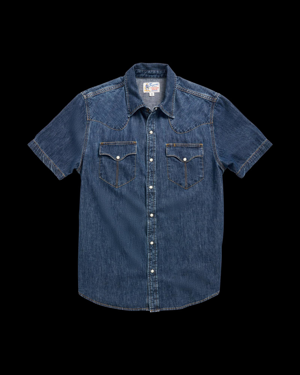 Closeup detail view of Men's Denim Short Sleeve Pearl Snap - Dark Wash