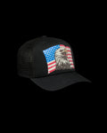 Quarterfront view of Eagle and Flag Trucker - Black on plain background