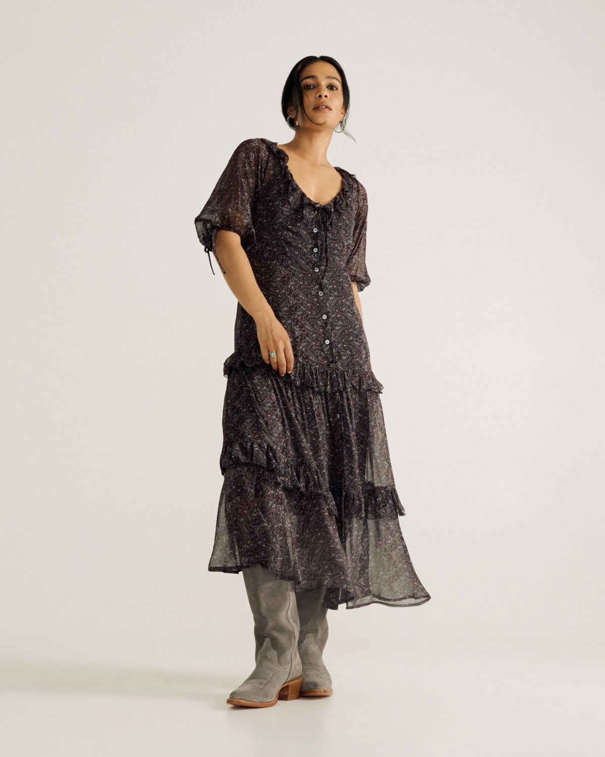 Full view of Women's Elbow-Length Maxi Dress - Burgundy / Black on model