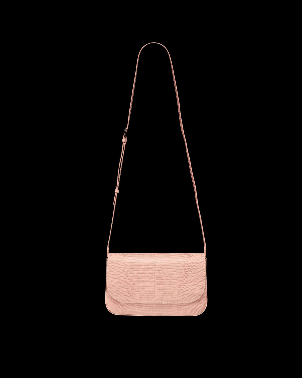 A light pink textured shoulder bag with an adjustable strap, displayed against a plain white background.