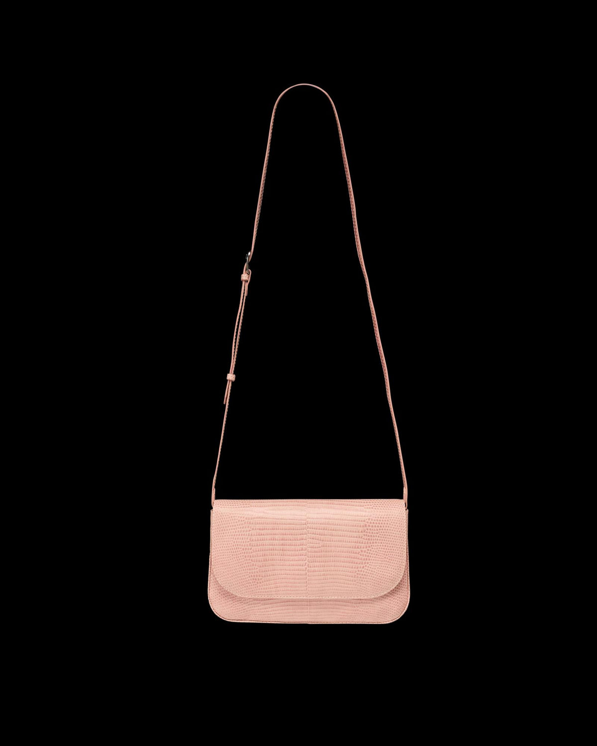 A light pink textured shoulder bag with an adjustable strap, displayed against a plain white background.