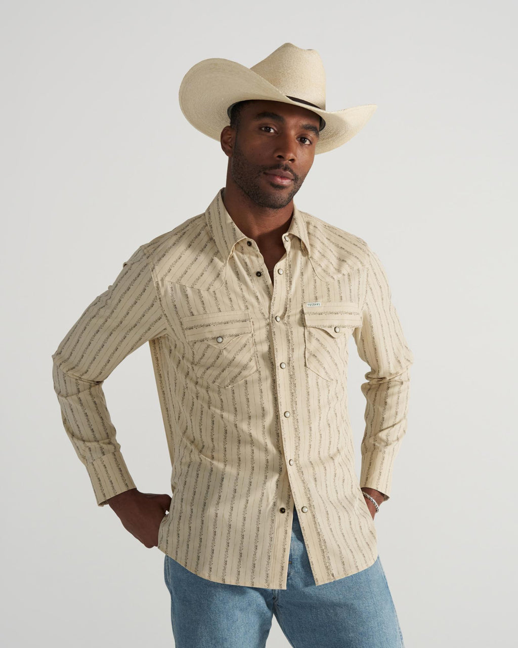 Closeup detail view of Men's Performance Western Pearl Snap - Sandstone/Multi