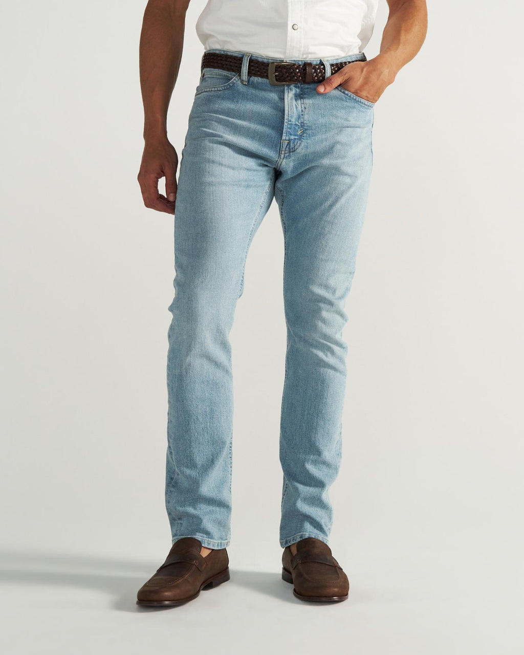Front view of Men's Slim Stretch Denim - Light Stone Wash on model