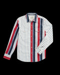 Long-sleeve button-up shirt with vertical red, white, and blue stripes, two chest pockets, and a pointed collar.