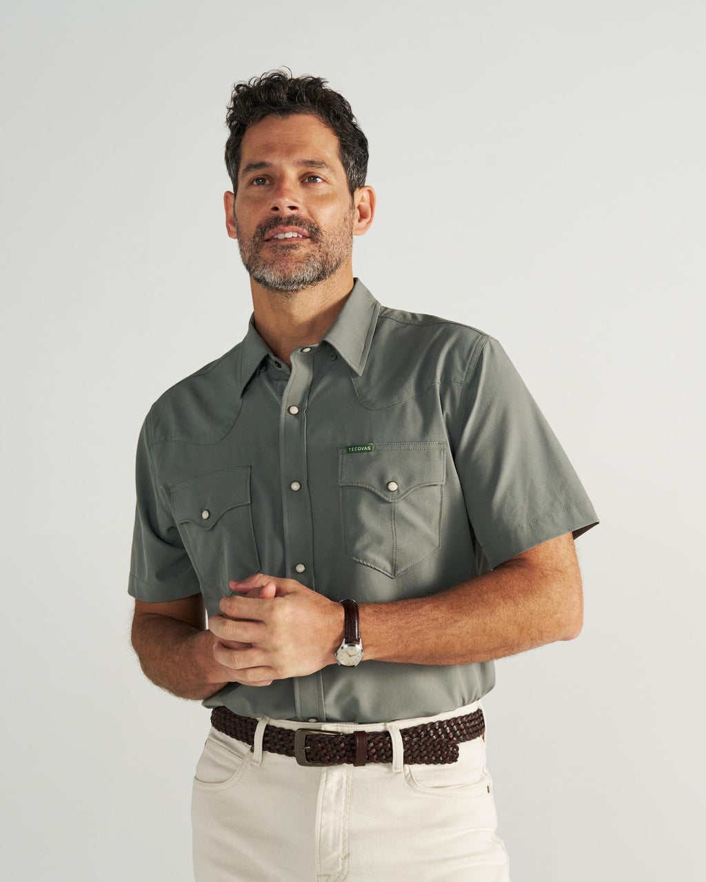 Closeup detail view of Men's Performance Western Pearl Snap SS - Cactus