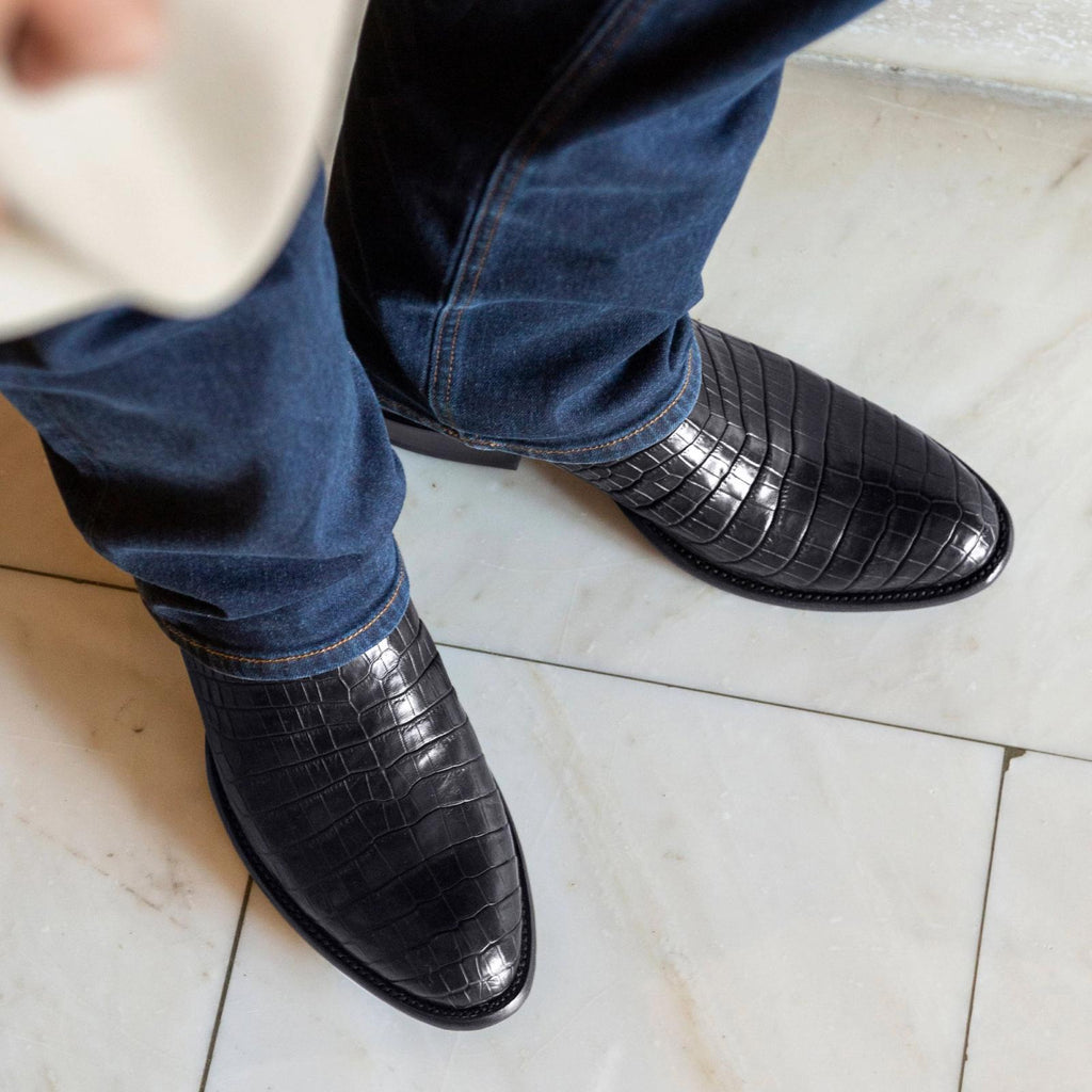 The Marshall Midnight Crocodile Cowboy boots in Black close up